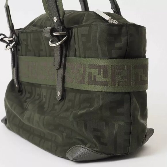 FENDI Zucca Nylon Tote Bag Khaki Ladies FF Pattern Handbag 450-013125 - Picture 3 of 12